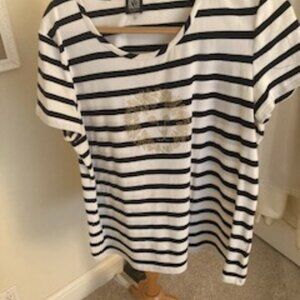 Anne Klein Women's short sleeve top Navy blue & white stripe lions head Size XL